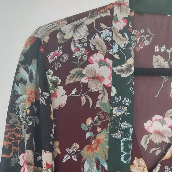 Zara Emerald Green & Burgundy Floral Chiffon Tie Neck Midi Dress - Picture 7 of 15